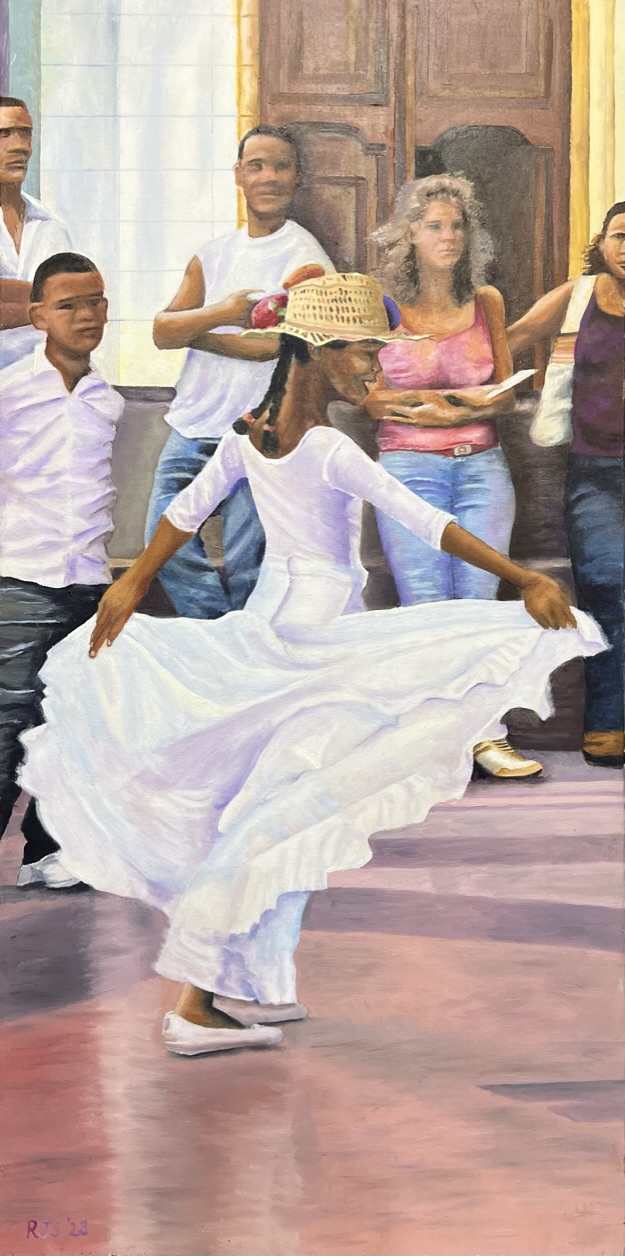 Painting of a young Cuban girl dancing.